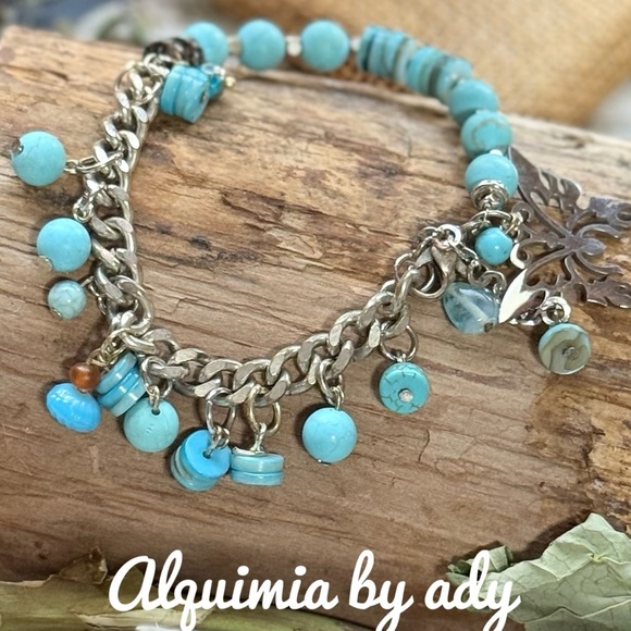 Vintage chunky cuban chain turquoise charms handmade bracelet - Picture 2 of 2